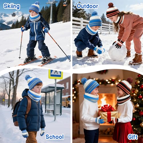 Image of Kids Winter Hat Gloves Scarf Set: Girls Boys Beanie Fleece Lined Ages 6-10