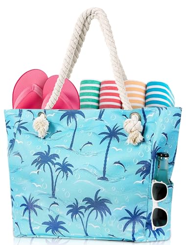 TESALATE Large Canvas Beach Tote Bag with Zipper Waterproof for Women Swim Travel Swim Pool Shopping Cruise Essentials Gifts