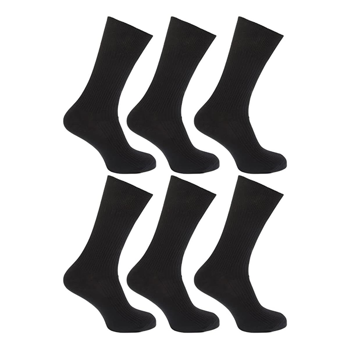 6 PAIRS Mens Big Foot Loose Top NON ELASTIC 100% Cotton Socks - Size 11-14 - No Elastic (Black)