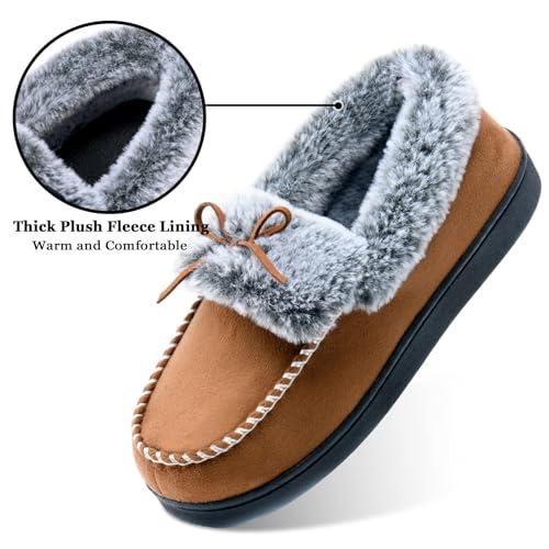 Image of DL Womens Fuzzy Warm Moccasin Slippers Memory Foam, Soft Fluffy Women's Winter House Slipper Closed Back Fur Lined, Cozy Ladies Suede Indoor Bedroom Houseshoes Non-Slip
