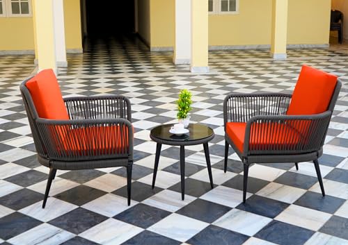 Image of DEVOKO 3 Piece Patio Outdoor All Weather Grey Rope Chair Bistro Set Furniture with Orange Cushions for Balcony, Garden, Backyard, Porch