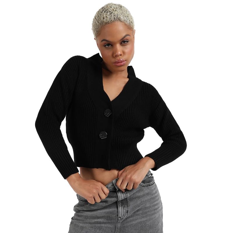 Image of PINACOLADA Women's Solid Ribbed Cropped CardiganFor Casual Wear | V Neck | Long Sleeve | Wool Sweater Crafted with Comfort Fit for Everyday Wear