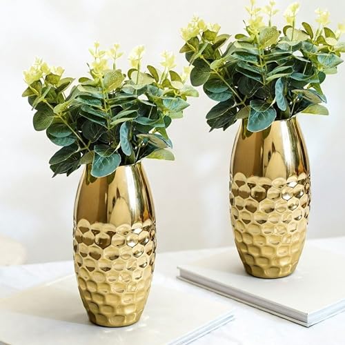 Image of BEHOMA Metal Vase Set of 2 pcs, Gold | Metal flower vase in Gold - for fresh or artificial flower displays for living room - great wedding gift (Set of 2)