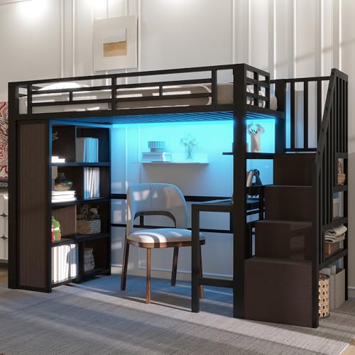 Lit Mezzanine 90x200 cm, avec Bureau, Étagères de Rangement, Escalier avec espace de rangement – Structure en Métal et Panneaux MDF – Gain de Place pour...