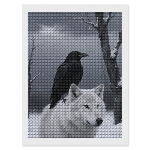 Peinture diamant loup blanc et corbeau pour sublimer le mur de votre salon cosy