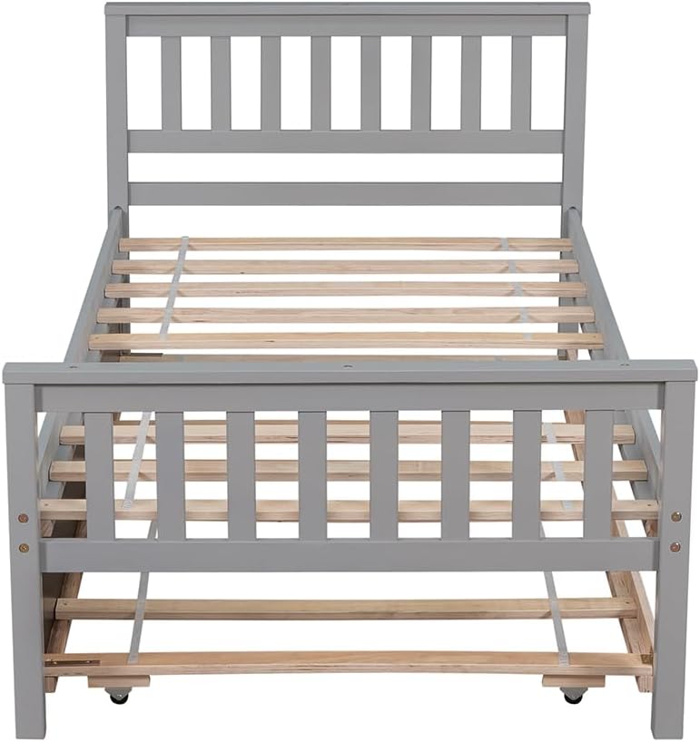 Twin Size Platform Bed with Trundle Headboard Space Saving 250lbs Load Capacity Bed Frame for Kids Boys Girls Teens (202.5 x 106 x 85cm) Grey One Size