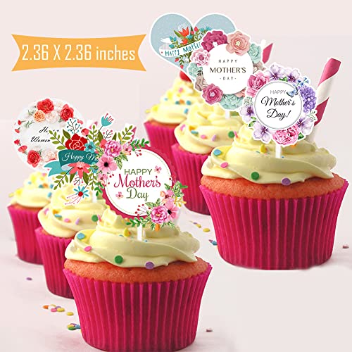 Mothers Day Party Supplies Cake Toppers Decorations, 48Pcs Cupcake Picks Set, Happy Mother's Day Theme Cake Decor, Flowers Bake Dessert Favors For Mom, Birthday Gift #TOP4