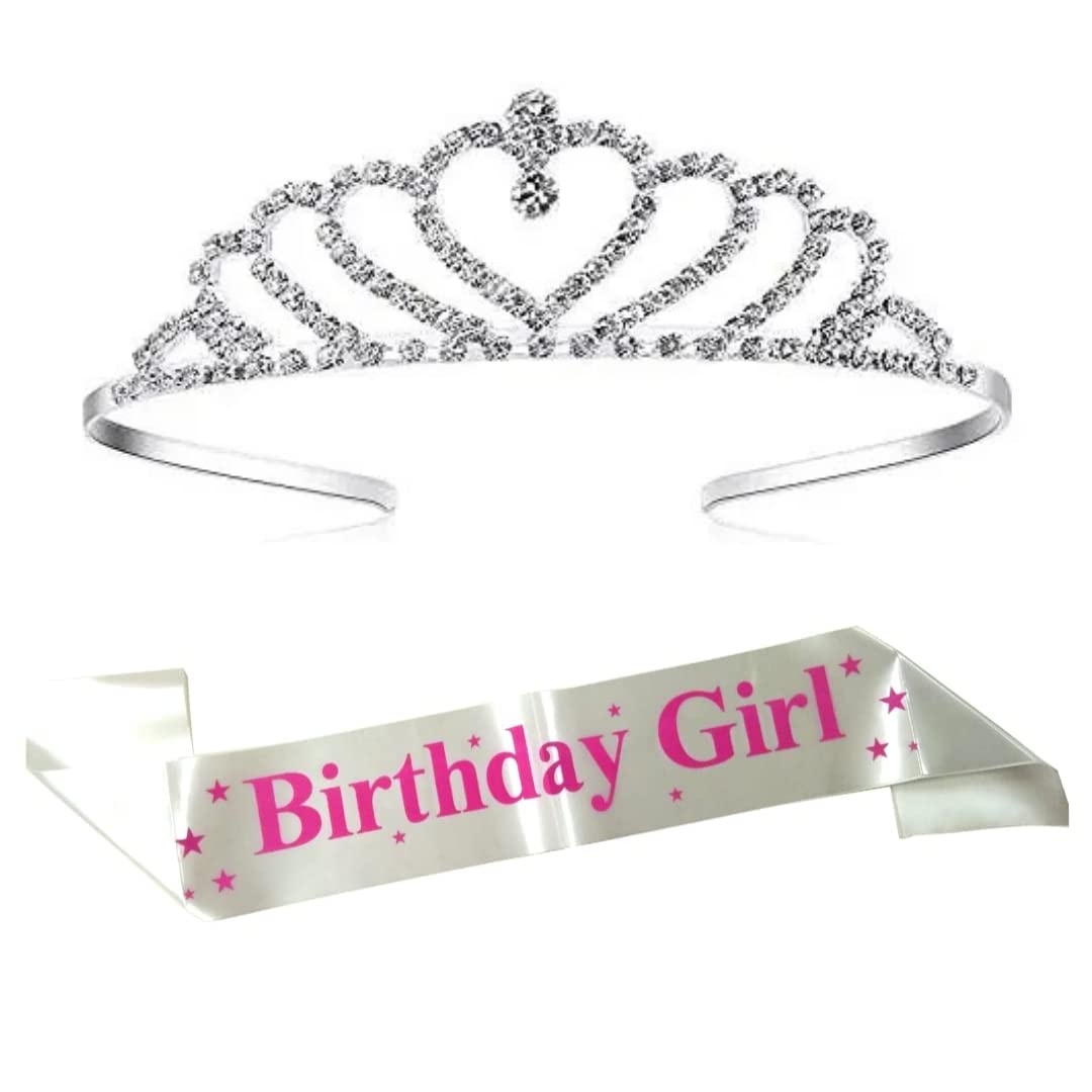 Birthday Sash and Heart Tiara Set - White Birthday Girl Satin Sash with Pink Text and Silver-Plated Rhinestone Heart Crown Tiara for Parties, Pageants, and Special Events