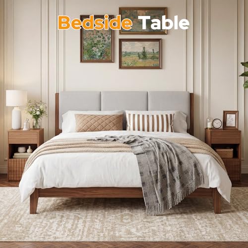 Image of Eongdon Fluted Nightstand Set of 2, Mid Century Modern End Table with 2 Drawers and Open Storage, 11.7 inch W Narrow Bedside Table Organizer, Wood-Like Walnut Finish Compact Night Stand for Bedroom, Sofa