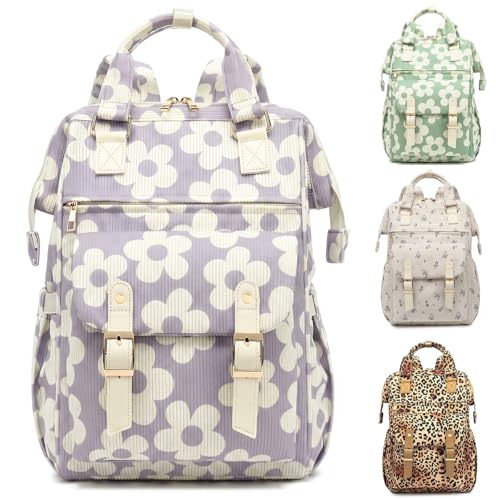 Image of Corduroy Laptop Backpack for Women 15.6 Inch Stylish College School Bookbag, Business Work & Travel Computer Backpacks (Large Floral Purple)