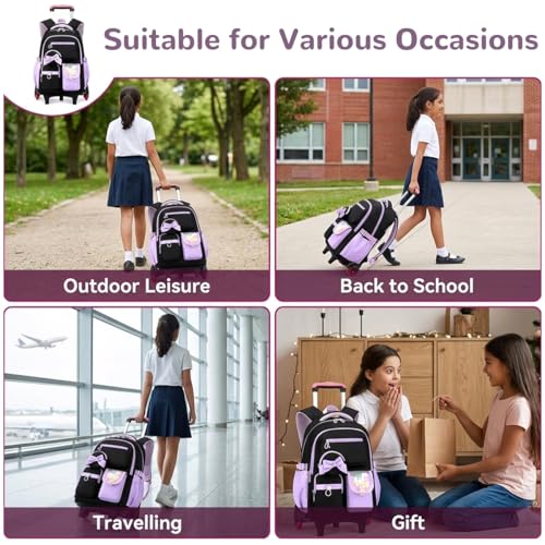 Image of PALAY School Trolley Bag for Girls Purple Black Oxford Cloth Rolling Backpack Cute Bow Waterproof Trolley Bags Multi-Compartments School Bag with Wheels for Elementary, Middle