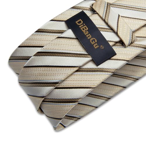 Image of DiBanGu Striped Tie Set for Men Silk Woven Plaid Necktie and Pocket Square Cufflinks Business Wedding