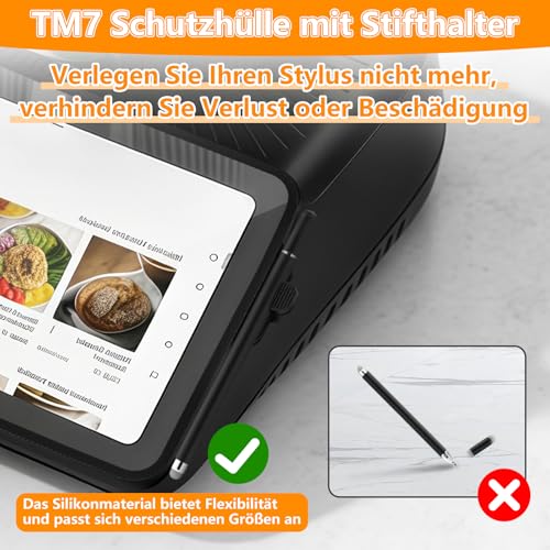 SelfTek 3 Stück Displayschutz für Thermomix TM7 - TM7 Zubehör mit 2 Displayschutz Panzerglas, Silikon Schutzrahmen mit Stifthalter, Kratzfeste Hochauflösend 9H Ultra Klar Glas Schutzfolie