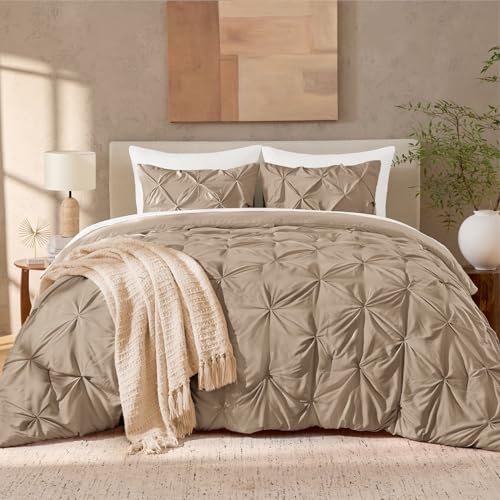 Image of Andency Full Pinch Pleat Comforter Set (79 inchx90 inch),3 Piece Lightweight Pintuck Bedding Comforters & Sets, Fluffy Down Alternative Comforter with 2 Pillow Shams for All Season,Taupe