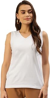 BRINNS Women White Solid V- Neck Regular Sleeveless Top Price In India