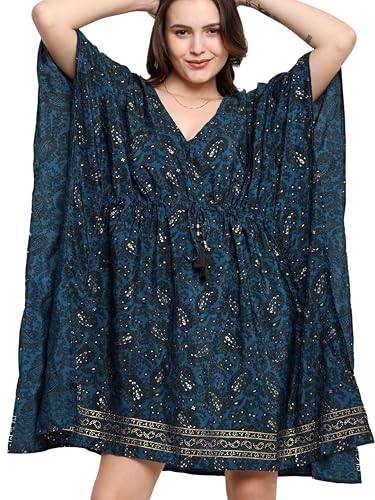 Image of KE KANHA EXPORTS Kaftan Dress|kafthan|kaftan kurti for women|beach wear dress for women|Boho Beach|Border Print Drawstring Tassel|Printed|Easily fits M TO XXL|Bust32-42in Length36in