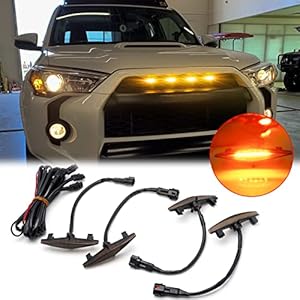 Xotic Tech 4pcs Smoked LED Front Grille Marker Light w/Wiring Harness Compatible with Toyota 4Runner TRD TRO Pro Grille, Including SR5, TRD Off-Road, Limited (Amber)