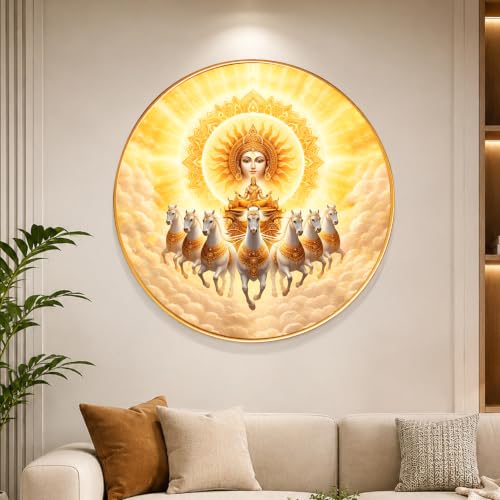 Image of PAINTINGMANTRA 7 Running Horse Wall Art Painting With Frame For Living Room| Seven Horses Surya Dev Vastu Decor Framed Painting | Sun God Spiritual Round Wall Hanging for Home, Office & Gifting, 23 Inch