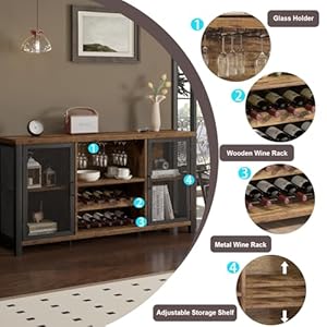 Industrial Coffee Bar Cabinet Wine Bar Cabinet for Liquor and Glasses Liquor Cabinet with wine Rack Storage Wood Metal Sideboard Buffet Cabinet for Home Kitchen Dining Rustic Brown 55 Inch