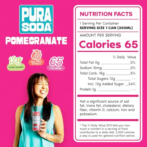 Image of PuraSoda Pomegranate - 12g Pure Cane Sugar Soda, 10 Fl Oz, Pack of 24 | Real Fruit Extract, Non-Gmo Vegan, No Stevia Or Artificial Sweeteners, 12g Cane Sugar, 10 Fl Oz Cans