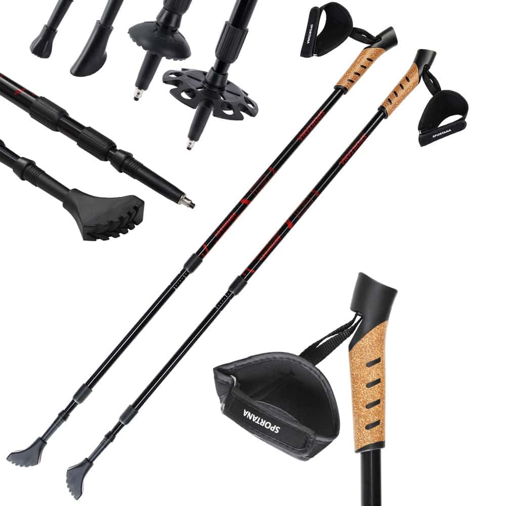 SPORTANA® Telescopic Trekking Pole | 5 Attachments | Hiking Gear | Multi Surface | Cork Handles | Anti-Shock Suspension | Nordic Hill Walking Stick | Red