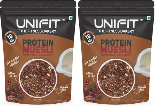 Image of UNIFIT Protein Muesli | 375g of Delicious Nutrition! | High-Protein & Fiber with Fruits, Nuts, Seeds & Dark Chocolate | Healthy Breakfast Cereal with Oats & Crunchy Goodness | (Pack of 2)