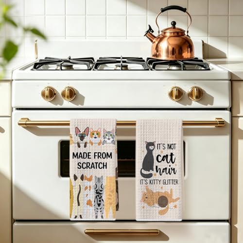 Image of 2 Pcs Funny Cat Kitchen Towels 24x14 Inch, Cats Gifts Reusable Dish Towels for Kitchen Bathroom Decor, Waffle Weave Hand Cloth Tea Towel, Cute Cat Lover Gifts for Women Mom Friend