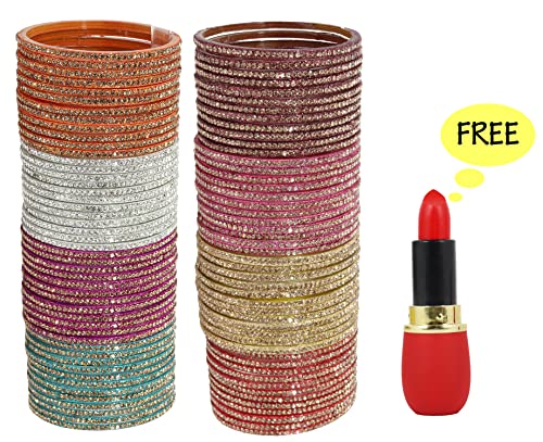 Image of NMII Glass with Zircon Gemstone and Beads Studdded Glossy Finished Traditional Bangle Set For Women and Girls