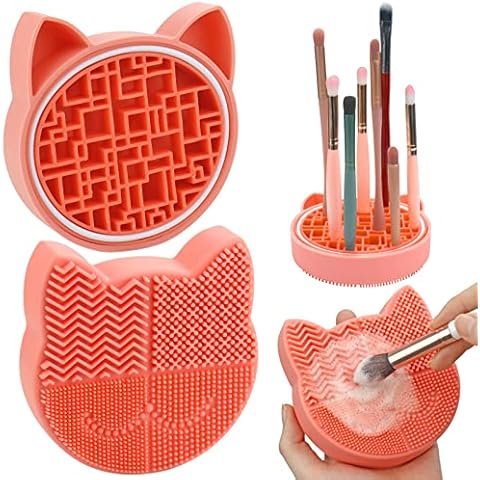 Makeup Brush Cleaning Mat with Drying Holder for Sink- Christmas Silicone Washing Cosmetic Brush Cleaner Pad (Orange) Cover