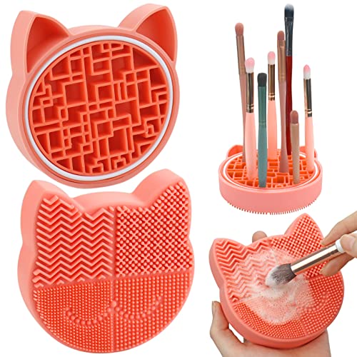 Makeup Brush Cleaning Mat with Drying Holder for Sink-Silicone Washing Cosmetic Brush Cleaner Pad (Orange)