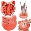 Makeup Brush Cleaning Mat with Drying Holder for Sink- Christmas Silicone Washing Cosmetic Brush Cleaner Pad (Orange)