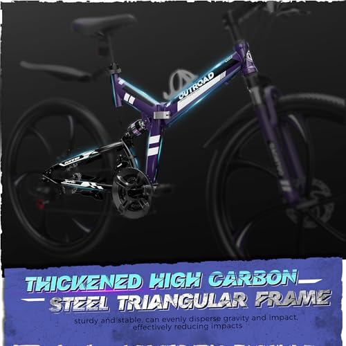 Image of Outroad 26 Inch Folding Mountain Bike, 21 Speed Full Suspension High-Carbon Steel MTB Foldable Bicycle, Dual Disc Brake Non-Slip Adjustable Seat Folding Bikes for Adults /Men /Women, Black, Orange