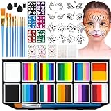 MULVINNIE 12 x 10g Face Painting Kit, Non-Toxic Water Activated Face Paint Palette, Facepaint Makeup Kit with Brushes, Stencils, Gems, for Festivals, Halloween, Carnival, Birthday Parties