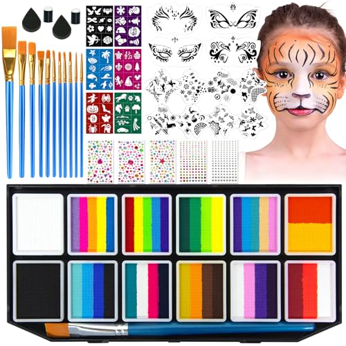 MULVINNIE 12 x 10g Face Painting Kit, Non-Toxic Water Activated Face Paint Palette, Facepaint Makeup Kit with Brushes, Stencils, Gems, for Festivals, Halloween, Carnival, Birthday Parties