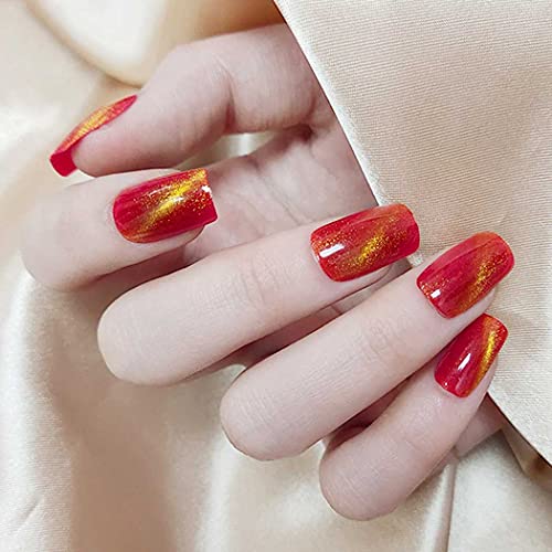 Sethexy Square Glossy False Nails Glitter Cat Eye Press on Nails Red Medium Fake Nails Party Nail Tips for Women and Girls