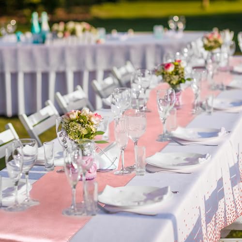Image of Breling 8 Pack White and Rose Gold Disposable Plastic Tablecloths and Satin Table Runner Set, 54 x 108 Inch Tablecloth, 12 x 108 Inch Table Runners for Wedding Graduation Birthday Baby Shower New Year