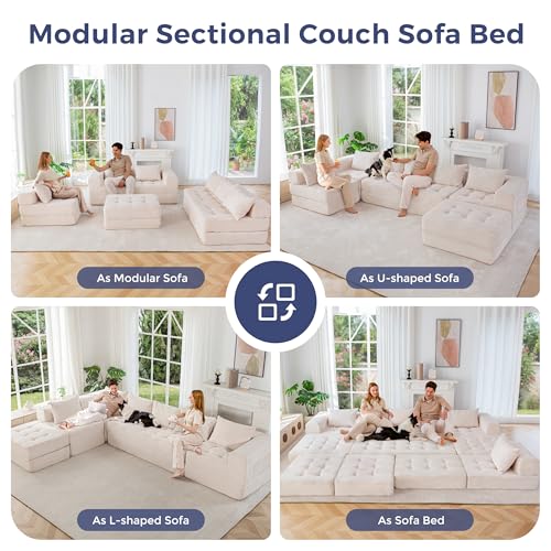 Image of MAXYOYO Modular Sectional Sofa Couch, Foldable U Shaped Cloud Couch with Pillows, Tufted 7-Seat Boneless Lounger Floor Sofa Bed for Living Room, No Assembly Required, Beige