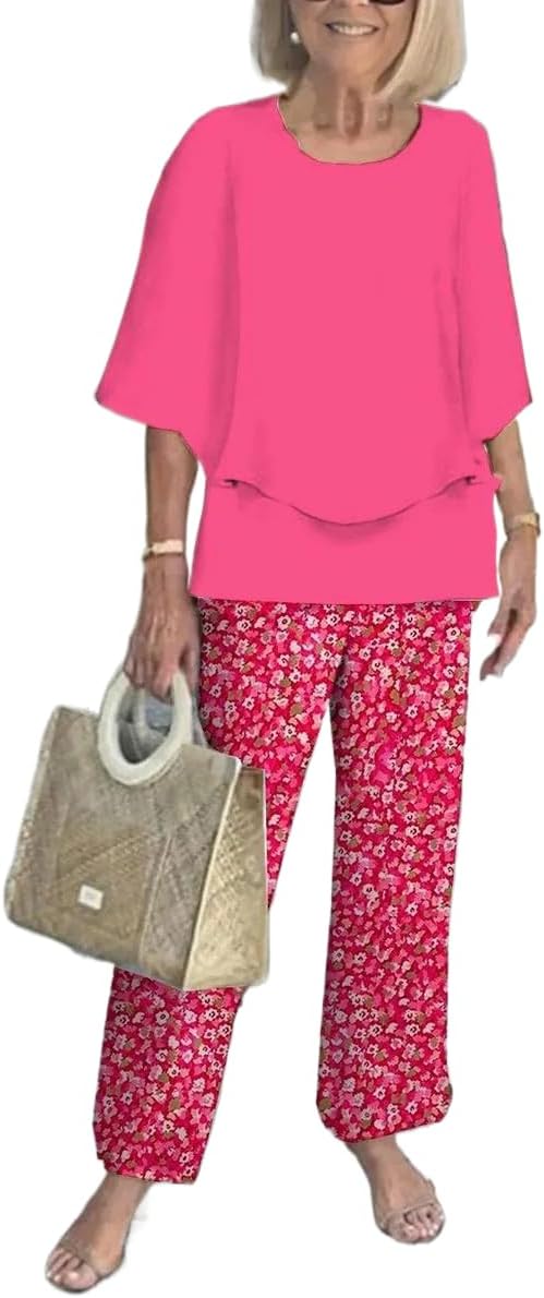 Womens 2026 Summer 2 Piece Outfit Layered Flowy Top With Pocket Pants Casual Loungewear Set
