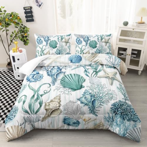 Image of AILONEN Teal Shell Collage Full Comforter Set, Seahorse Coral Artwork Bedroom Ensemble, 3 Piece Microfiber Down Alternative Fill for Adults Apartment Residents