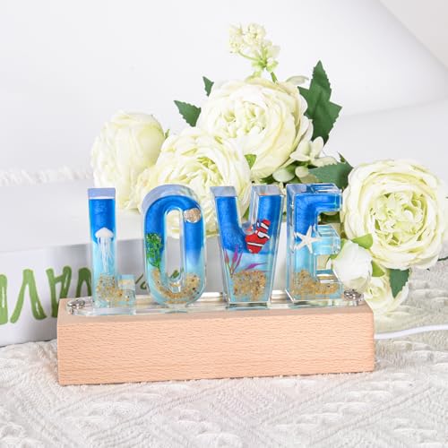 Image of Floral Letter LED Night Light: Resin Dried FlowerLetters Lamp with USB - Handmade Pressed Flower Nightlight Unique Customized Gift for Home Decoration (Blue, 1)