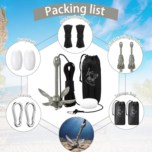 Image of Lounsweer 2 Pack 1.5 /3.5 lb Marine Kayak Anchor Kit Folding Grapnel Anchor Kit Boat Kayak Fishing Accessories for Small Boats Kayaks Canoe Paddle Boards