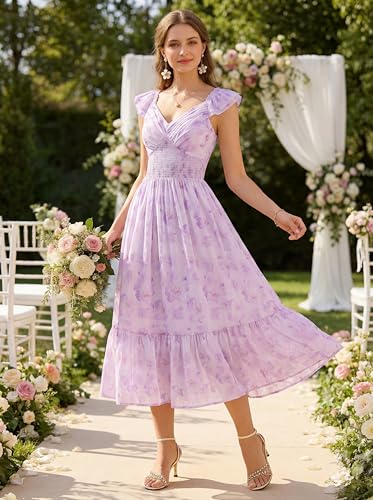 GRACE KARIN Women's Summer Floral Maxi Dress 2026 Ruffle Sleeve Smocked Sundress Flowy Wedding Guest Long Dresses Lavender Floral XL — view 2