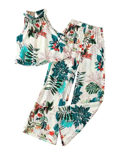 Image of OYOANGLE Girl's Boho 2 Piece Outfits Tropical Print Halter Tank Top and Wide Leg Pants Set Vacation Outfit