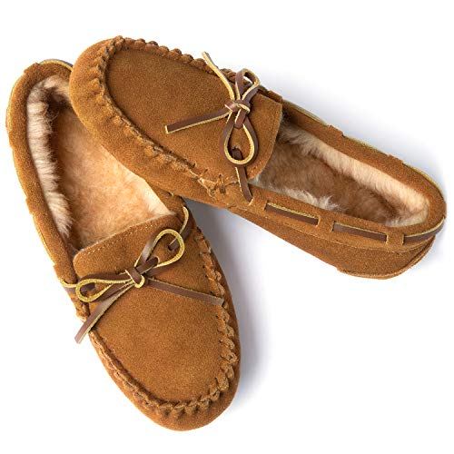 ULTRAIDEAS Women’s Genuine Suede Leather Moccasin Slippers, Cozy Memory Foam House Shoes with Faux Fur Lining & Anti-Skid Indoor Outdoor Rubber Sole, Tan, 11