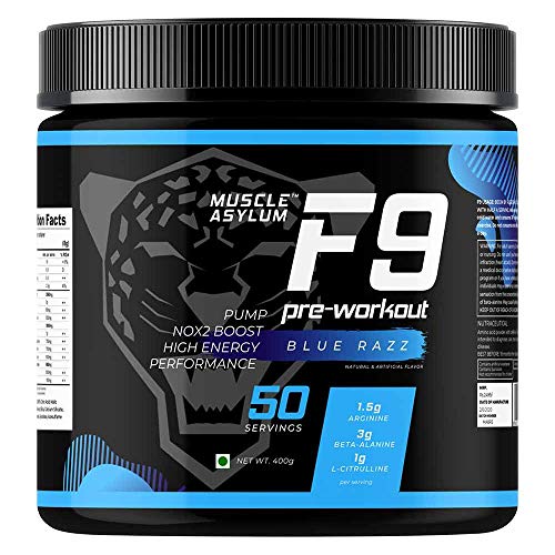 Image of Muscle Asylum F9 Pre-Workout - 50 Servings, 400gm (Blue Razz) | Boosts Energy & Endurance | Improves Focus
