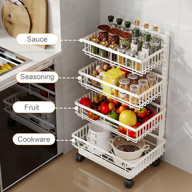 4-Tier Kitchen Storage Cart, Metal Utility Rolling Cart with Wheels, Versatile Rolling Storage Snack Cart, Adjustable Fruit Vegetable Basket Rack for Pantry, Bathroom, Kitchen, Office (Milky White)-Z4LneTND