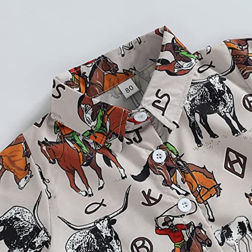 Western Baby Boy Clothes Cow Print Shirts Short Sleeve Button Down Lapel Neck Tops Summer T-Shirt 6M-4T C-Grey #TOP2