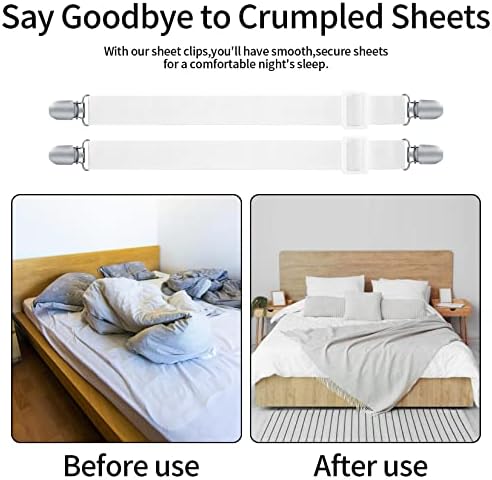 WELHAEPI 8 Pcs Bed Sheet Clips, Adjustable Bed Sheet Fasteners, Elastic Sheet Straps Suspenders Clips, Heavy Duty Bed Sheet Grippers, White Mattress Sheet Covers Corner Holders Fasteners Clips