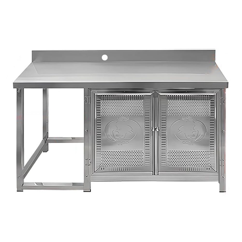 Banco per La Preparazione del Cibo in Acciaio Inox A Doppia Porta con Armadietti E Ripiani Aperti, Piano di Lavoro Cucina Multiuso A Due Livelli con Alzatina Rialzata,Al150×w50×h75cm
