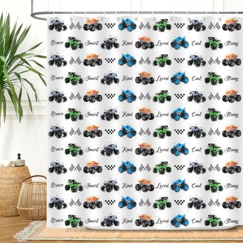 Image of Kids Monster Truck Shower Curtain Cool Boys Cartoon Cars Inspirational Motivational Words Blue Green Orange Bathroom Decor Waterproof Fabric 72Lx72W inch with 12PCS Hooks
